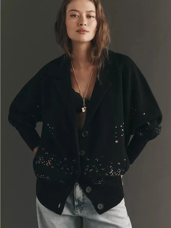 Anthropologie Collared V-Neck butterfly Cardigan - Picture 2 of 9